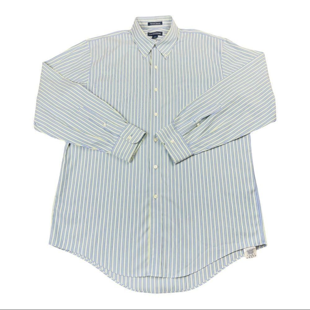 Land’s End Shirt Mens Large L Blue Green Stripe Long Sleeve‎ Button Down Collar